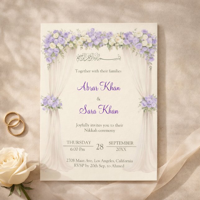 Floral Lavender and Ivory Muslim Nikkah Islamic  Invitation (Creator Uploaded)