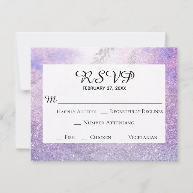 *~* Floral Lavender Blue Glitter Elegant Wedding RSVP Card (Front)