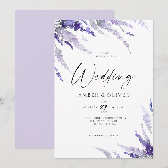 Floral Lavender Elegant Dusty Purple Lilac Wedding Invitation (Front/Back)