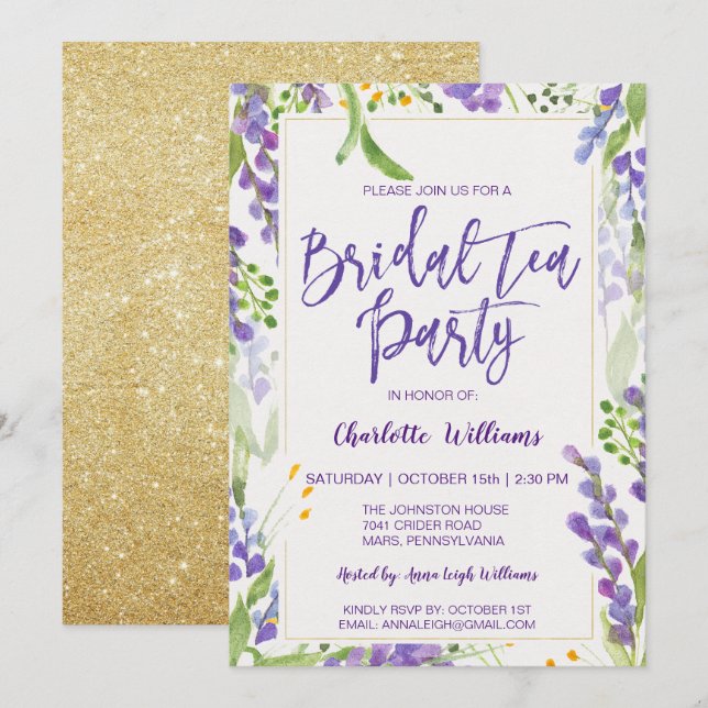 Floral Lavender & Gold Bridal Shower Tea Invitation (Front/Back)