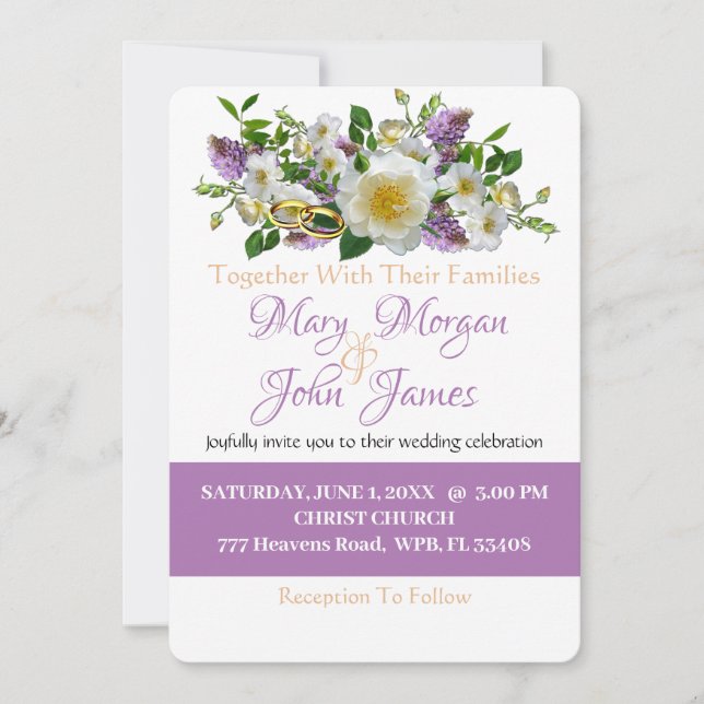 Floral Lavender Gold & White  Flowers  With Ring   Invitation (Front)