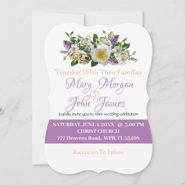 Floral Lavender Gold & White  Flowers  With Ring   Invitation (Front)
