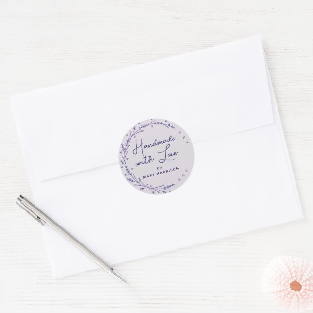 Floral Lavender Hearts Wreath Handmade Classic Round Sticker (Envelope)