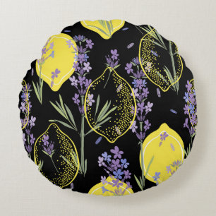 Floral Lavender Lemons Vintage Illustration Round Cushion