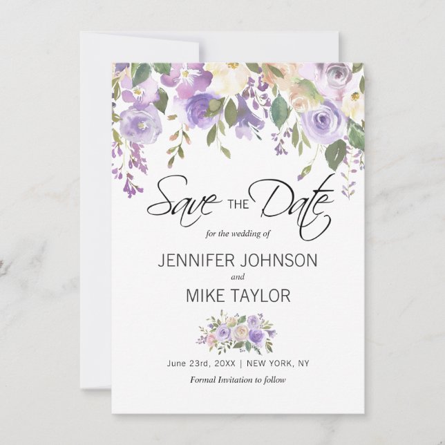Floral Lavender Purple Lilac Flowers Wedding Save The Date (Front)