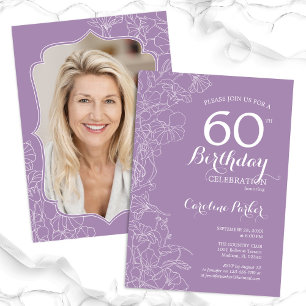 Floral Lavender Purple Photo 60th Birthday Party Invitation