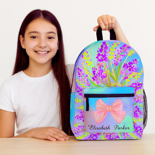 Floral Lavender Turquoise Custom Cute Girl School  Printed Backpack