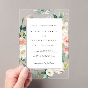 Floral Leaf Blush Green Modern Clear Wedding Acrylic Invitations