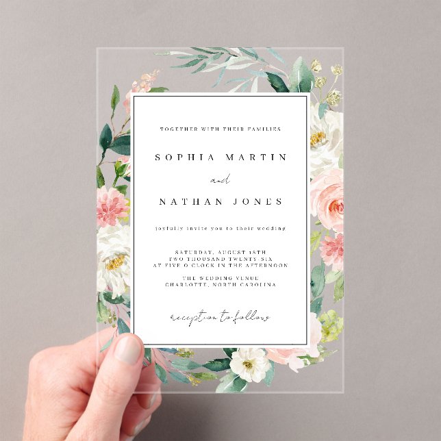 Floral Leaf Blush Green Modern Clear Wedding Acrylic Invitations (Insitu (Handheld))