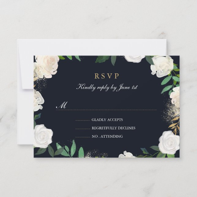 Floral Leaf Blush Navy Gold Wedding RSVP (Front)