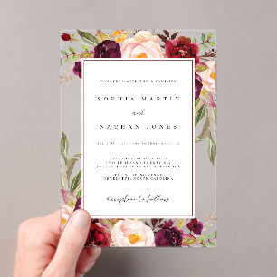 Floral Leaf Burgundy Green Modern Clear Wedding Acrylic Invitations