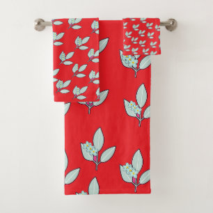 Floral Leaf Red Bath Towel Set