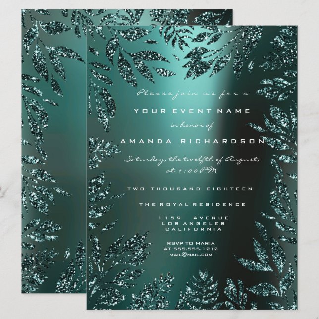 Floral Leafs Framed Glitter Teal Aquatic Formal Invitation (Front/Back)