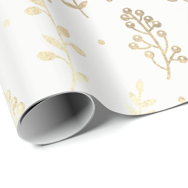 Floral Leafs Metallic White Faux Gold Delicate Wrapping Paper (Roll Corner)