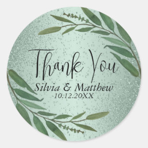 Floral Leaves and Mint Green Glitter - Thank You  Classic Round Sticker