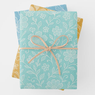 Floral Leaves Art Pattern On Turquoise Blue Yellow Wrapping Paper Sheet