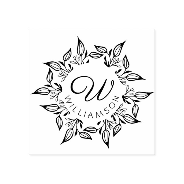 Floral Leaves Botanical Circular Name & Monogram Rubber Stamp (Imprint)