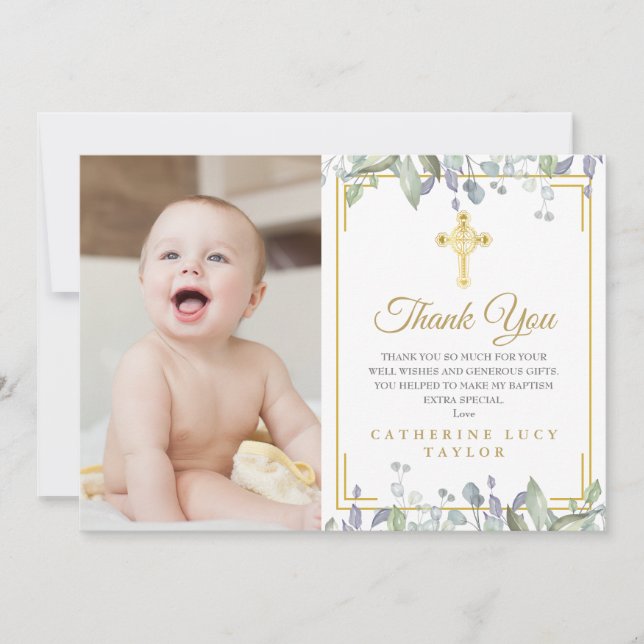 Floral Leaves Gold Cross Baptism Christening Photo Thank You Card (Front)