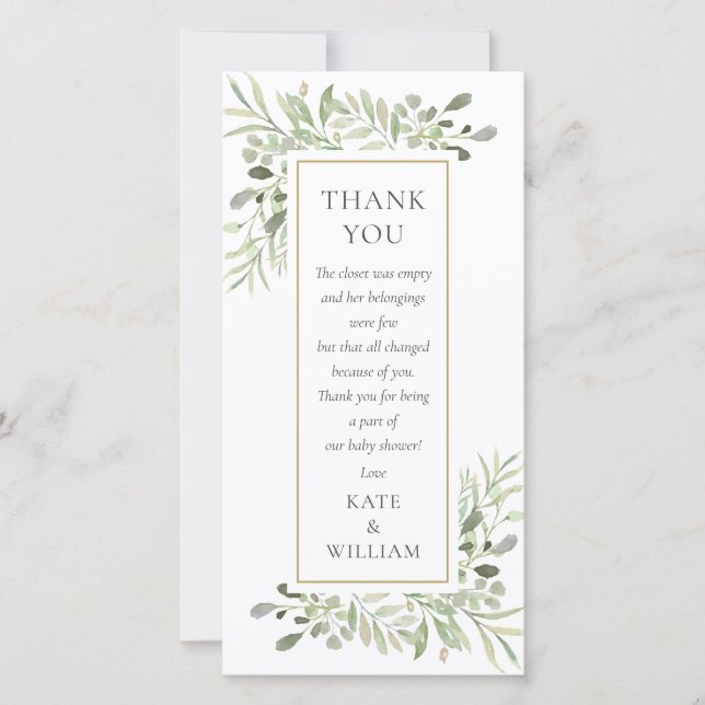 Floral Leaves Greenery Baby Shower Poem Thank You Card (Front)