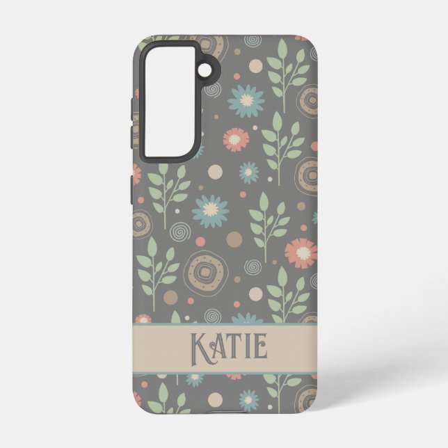 Floral Leaves Modern Pretty Customised Name Samsung Galaxy S21 Case (Back)