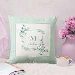 Floral Leaves Monogram Botanical Throw Pillow<br><div class="desc">Embrace the soothing beauty of nature with this monogrammed throw pillow featuring watercolor leaves and delicate pink flowers and pale green background. Personalise with your own or your gift recipient's initial and name.</div>