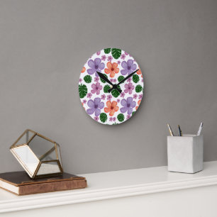 Floral Leaves Pattern Aesthetic Seamless Botanical Round Clock