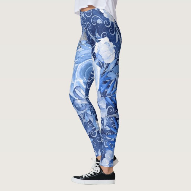 Floral Leggings, 1 Blue Flower Print Designer Leggings (Left)