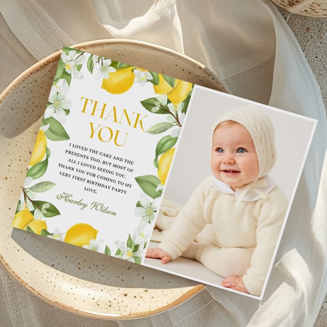Floral Lemon Citrus 1st Birthday Photo Thank You Card (Creator Uploaded)