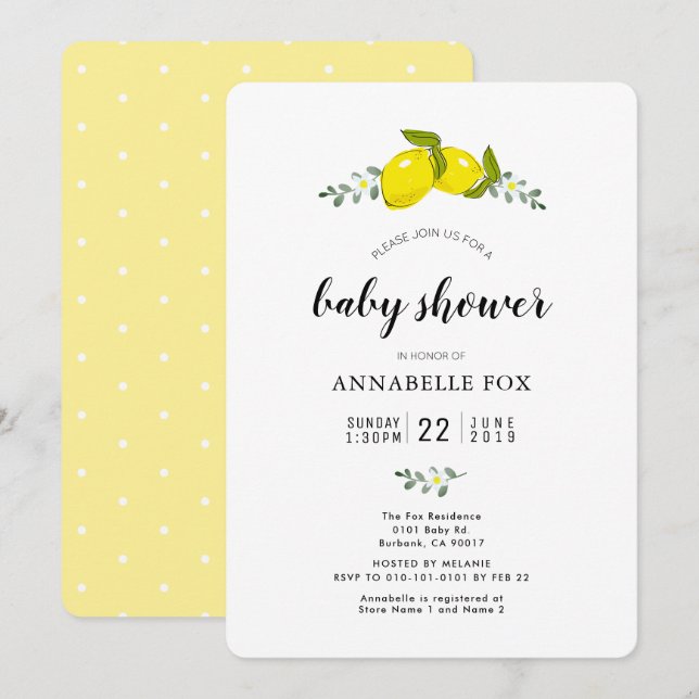 Floral Lemon Citrus Elegant Baby Shower Invitation (Front/Back)