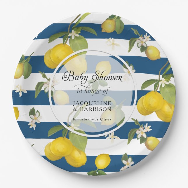 Floral Lemon Citrus Foliage Pink n White Stripe Pa Paper Plate (Front)