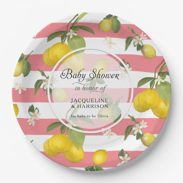Floral Lemon Citrus Foliage Pink n White Stripe Paper Plate (Front)