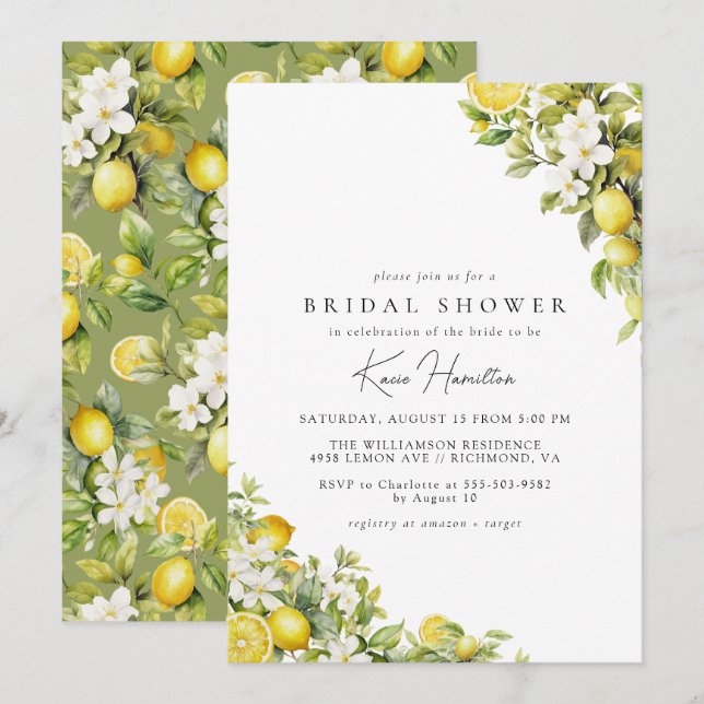 Floral Lemon | Elegant Yellow Green Bridal Shower Invitation (Front/Back)