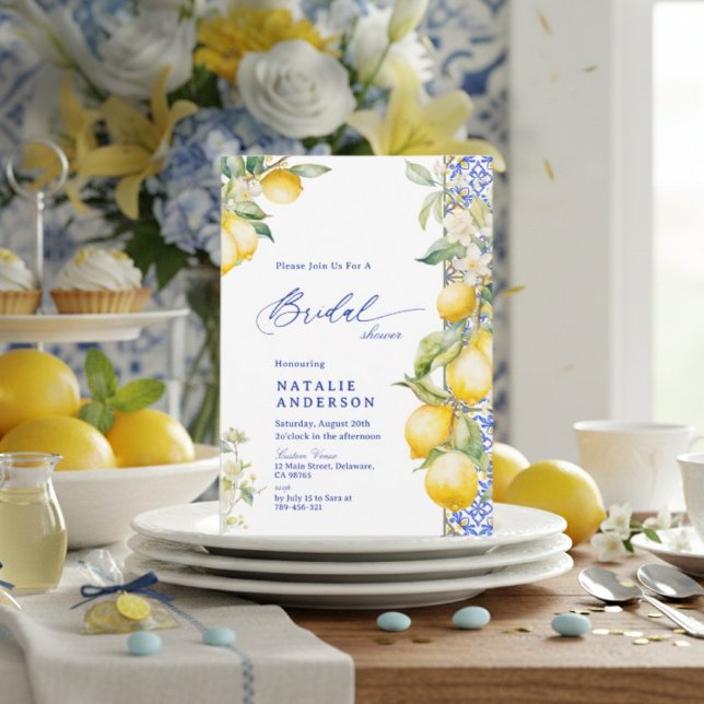 Floral Lemon Mediterranean Blue Tile Bridal Shower Invitation (Floral Lemon Mediterranean Blue Tile Bridal Shower Invitation)