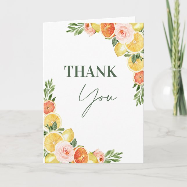 Floral Lemon Orange Our Main Squeeze Baby Shower  Thank You Card (Front)