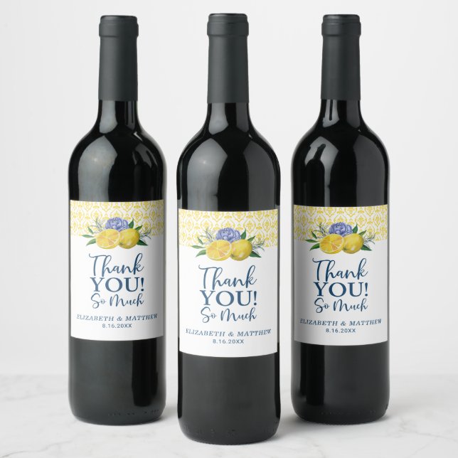 Floral Lemon Wedding Thank You  Wine Label (Bottles)
