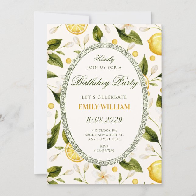 Floral Lemon yellow seamless birthday Invitation (Front)
