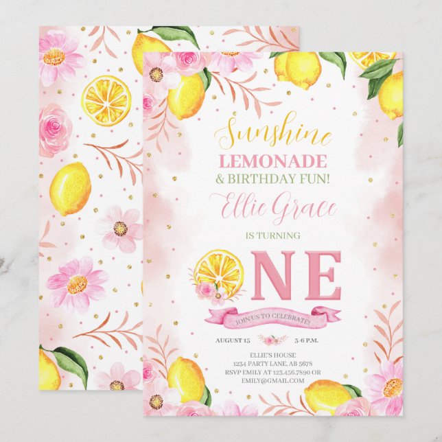Floral Lemonade 1st Birthday Invitation (Front/Back)