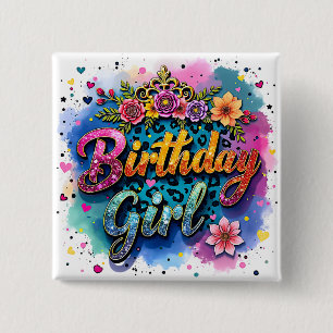 Floral Leopard Birthday Girl 15 Cm Square Badge