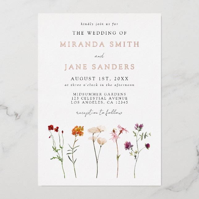Floral Lesbian Wedding Foil Invitation (Front)