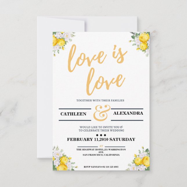 Floral Lesbian Wedding Invitation Portrait (Front)