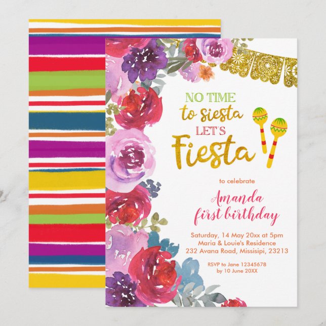 Floral Let's Fiesta First Birthday Invitation (Front/Back)
