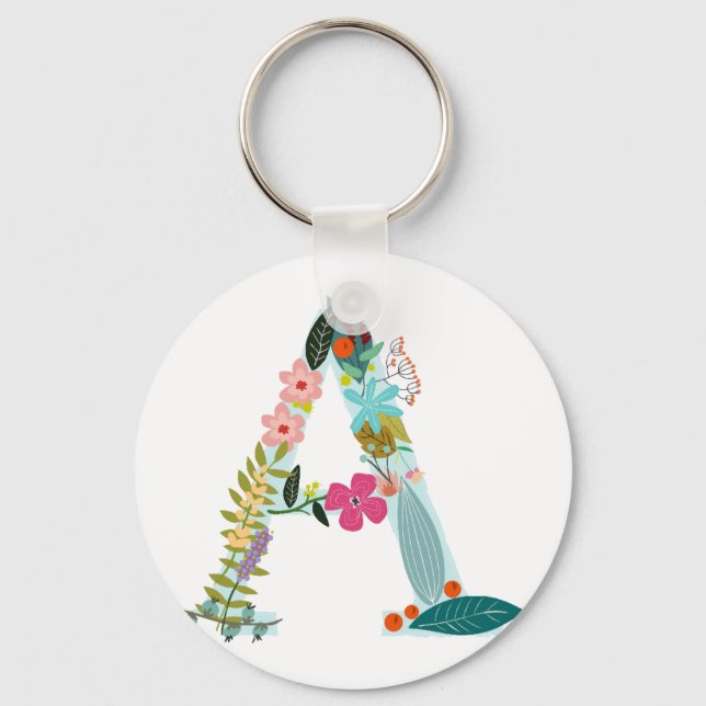 Floral Letter A Initial Monogram Key Ring (Front)