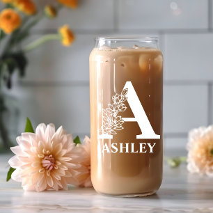 Floral Letter A Monogram Personalised Name White Can Glass