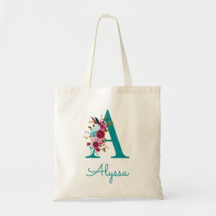 Floral Letter A Script Monogram Teal Pink Tote Bag