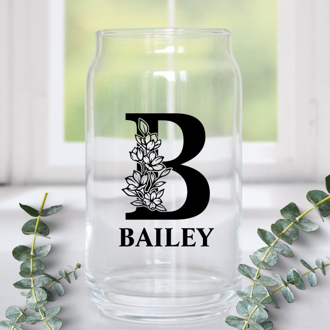 Floral Letter B Monogram and Personalised Name Can Glass (Creator Uploaded)
