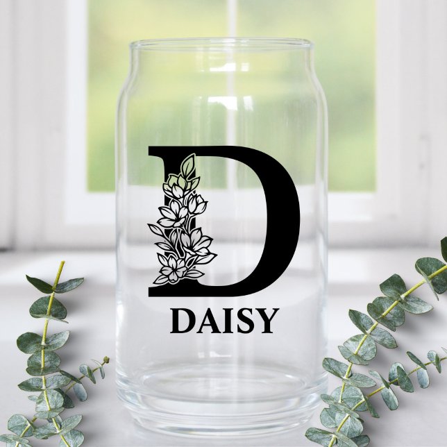Floral Letter D Monogram and Personalised Name Can Glass (Creator Uploaded)