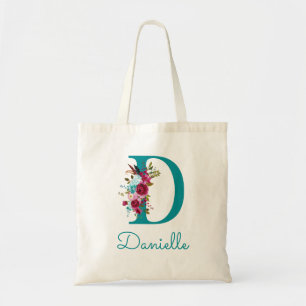 Floral Letter D Script Monogram Teal Pink Tote Bag