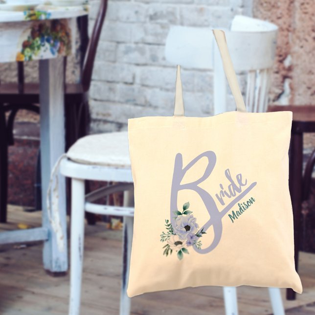 Floral Letter Dusty Blue Personalised Bride Tote Bag (Creator Uploaded)