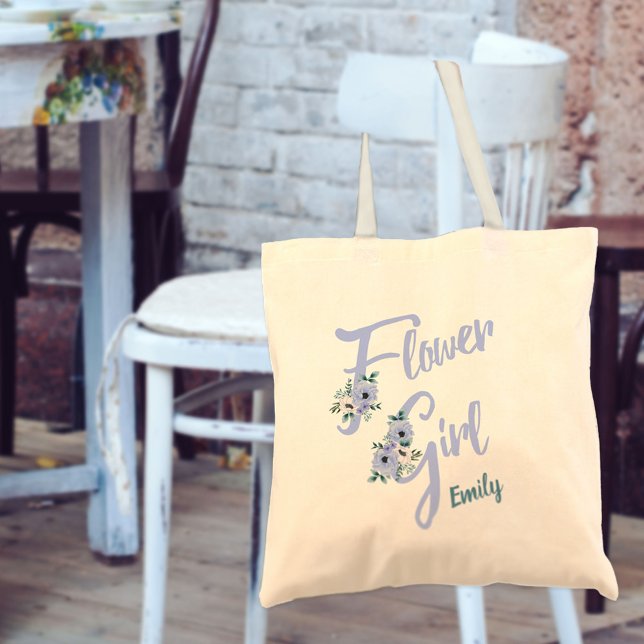 Floral Letter Dusty Blue Personalised Flower Girl Tote Bag (Creator Uploaded)