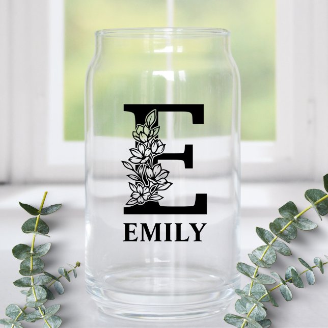Floral Letter E Monogram and Personalised Name Can Glass (Creator Uploaded)